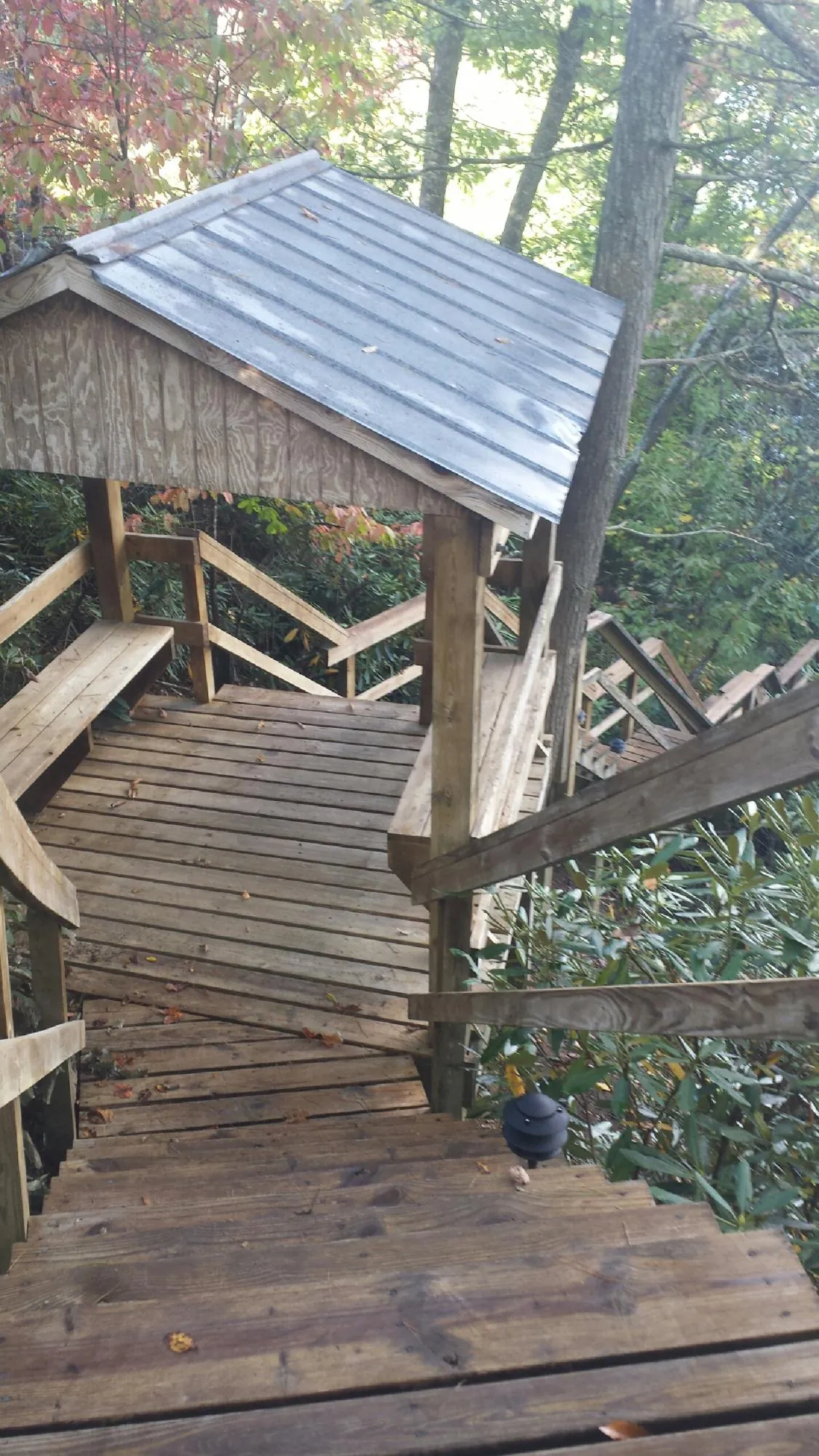 Metal roofed shelter over wooden steps on a wooded walkway — Skylight Repair & Installation work by our crew in Morral